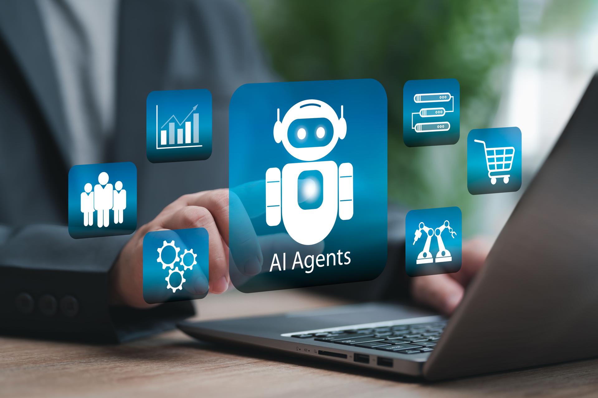 AI Agents Analyse for Business concept, AI assistants perform goals, Businessman use AI technology, Assistants working to make decisions for industry, New Ideas, Marketing, financial, Automate system